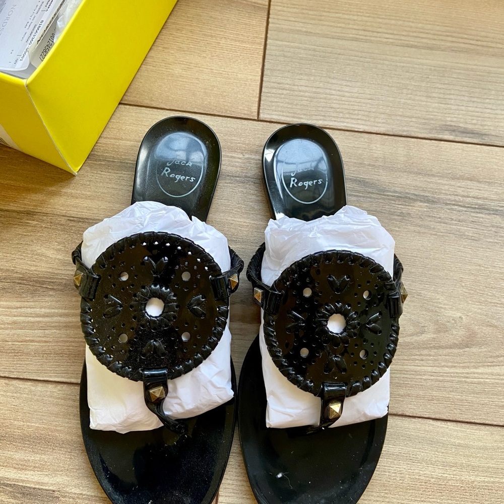 Jack Rogers Jelly flip flops, black and gold Sz 9